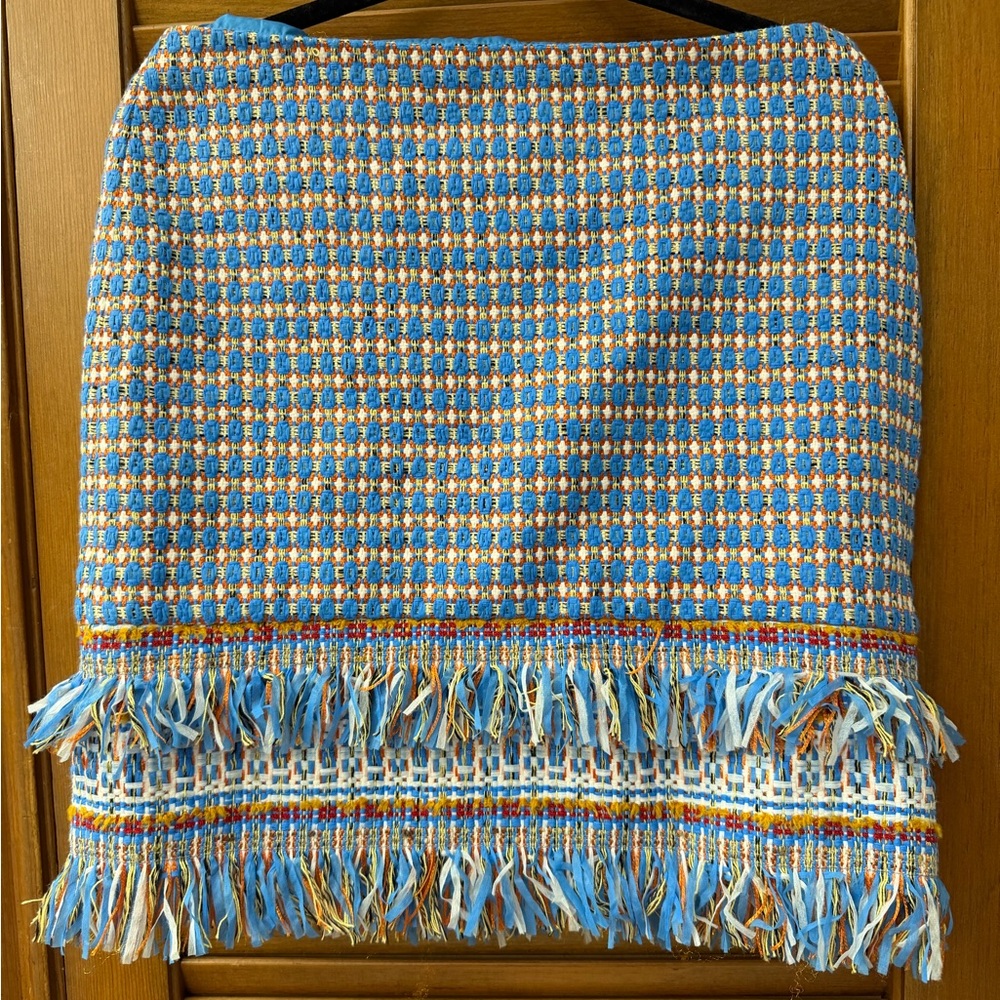 PER SE | Elegant Blue Tweed Pencil Skirt with Fringe | Size 10